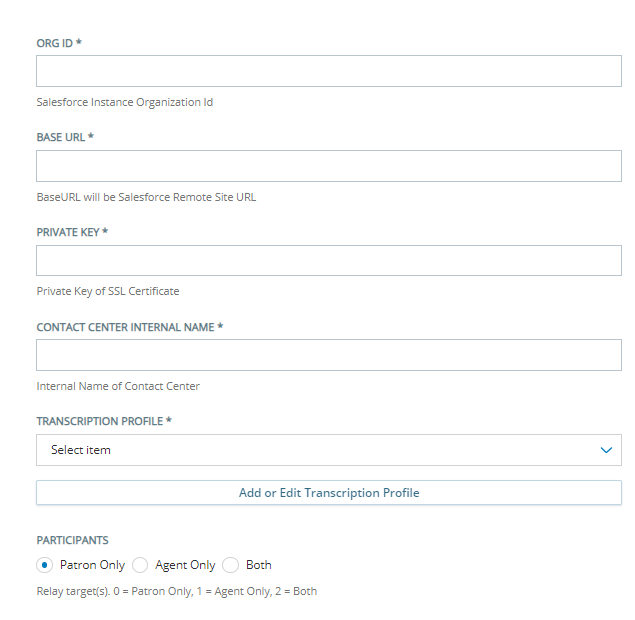 The Configuration page for adding a [MadCap:variable name="3rdPartyProductNames.SFAssist" ]  agent assist bot to Agent Assist Hub.