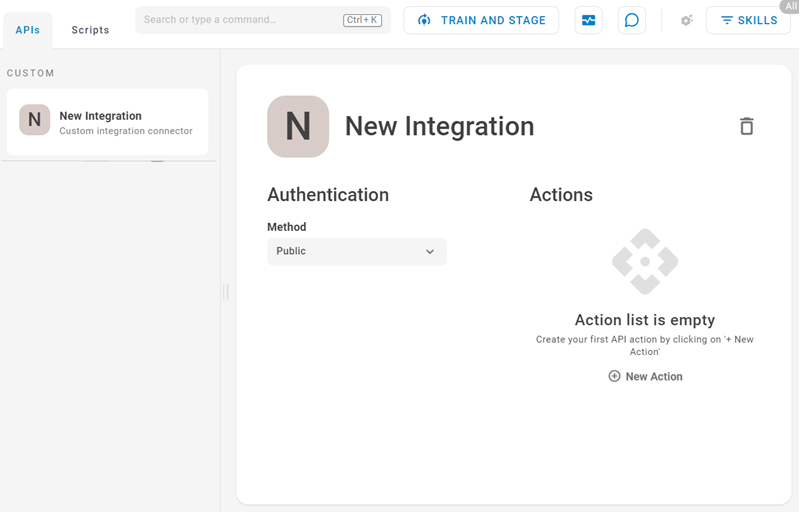 The New Integration page on the APIs tab, where you can set up authentication and create actions.