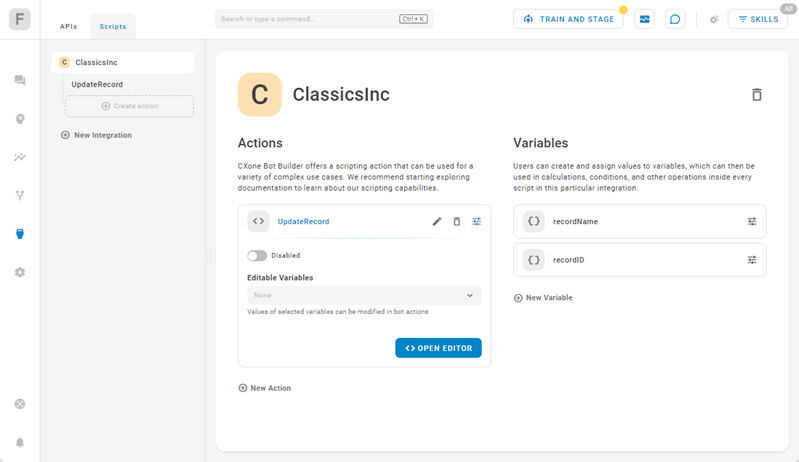 The Scripts tab of the Integrations section, showing the main page with actions and variables.