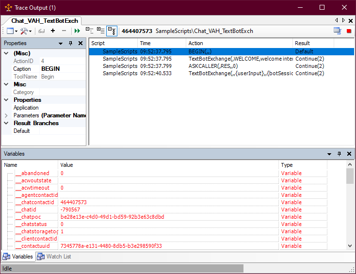 The Trace Output window in Studio, showing the trace results from the beginning of the sample chat virtual agent script.