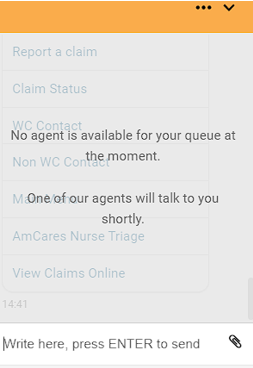 An open chat window displaying a message that an agent will be available soon.