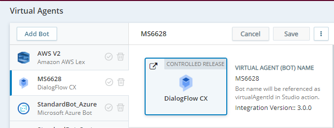 The virtual agent properties page in CXone Virtual Agent Hub, showing the virtual agent name under the Virtual Agent (Bot) Name. 