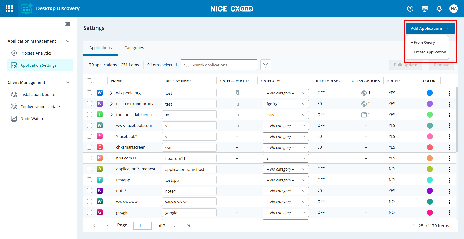 Image of Applications page with Add Applications button options.