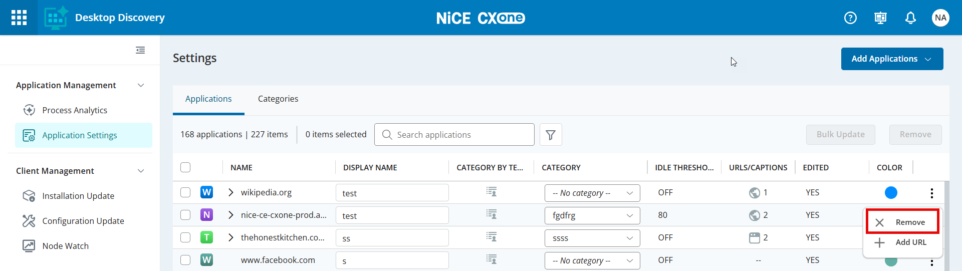 Image of Applications tab highlighting the Remove button.