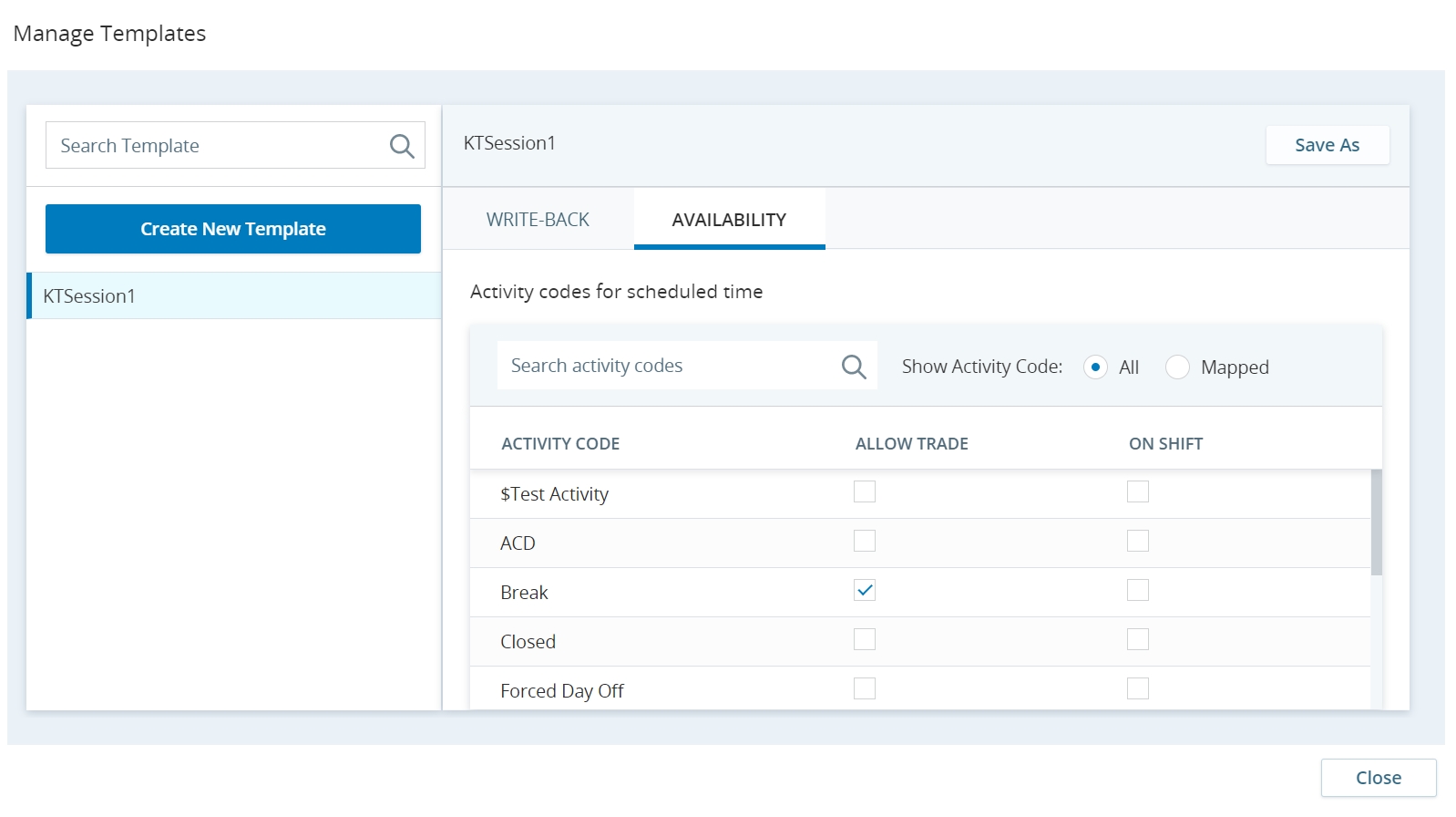 manage templates for activity code mapping