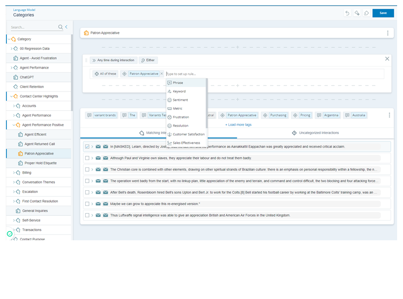 Categories page from Language Model. Patron Appreciative category selected. Displays matching interactions results and category rule details. Shows category tree, undo, resample, recategorize, and save buttons.