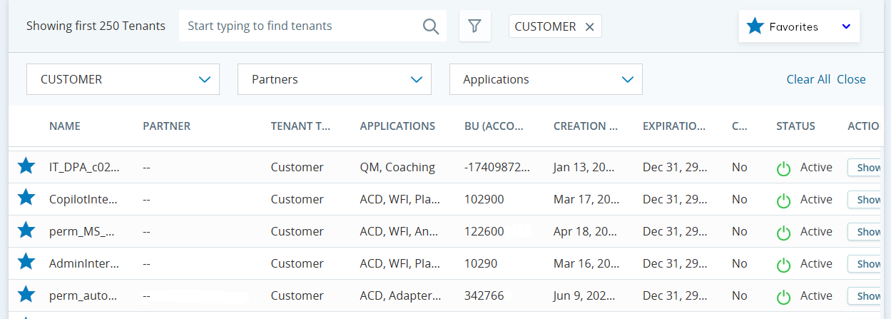List of tenants filtered by favorite tenants