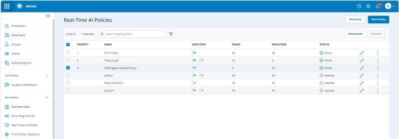 Screenshot of Real Time AI policies list