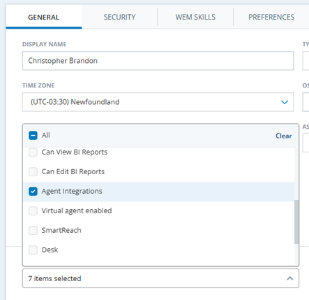 In Admin > Employees, Agent Integrations is selected in the Attributes drop-down at the bottom.