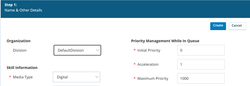 Screen to create new skills. Digital is selected for the Media Type field and a section called Priority Management While in Queue displays.