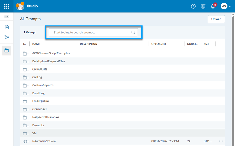 Screenshot of the Prompts page with a search bar.