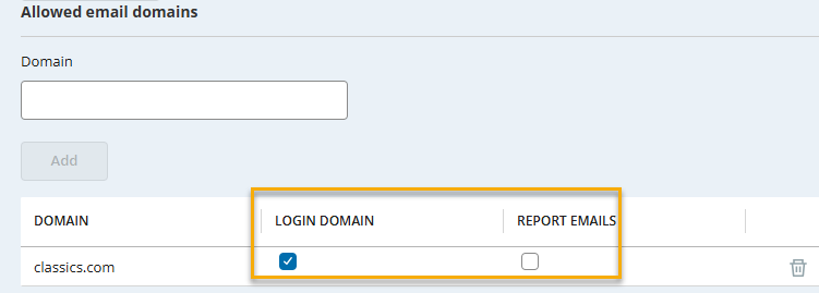 The Allowed Email Domains section of Account Settings showing the new checkboxes.