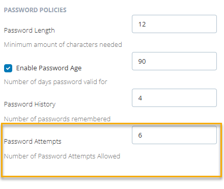 The password policy section of the create Login Authenticator page showing the new Password Attempts field.