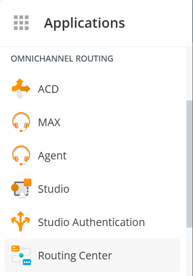 Applications navigation menu with Routing Center at the bottom of the Omnichannel Routing section.