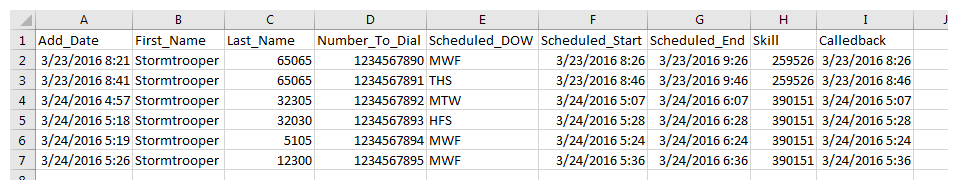 An example of the All Callbacks data download report output.