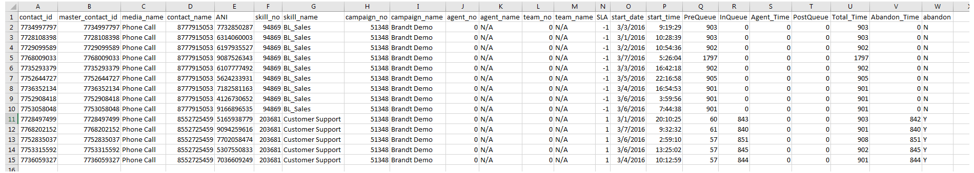 An example of the Expanded Call Detail data download report output.