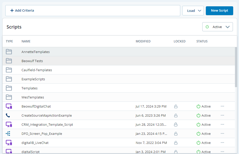 The Scripts page in Studio, showing the search filter at the top, the Load and New Script buttons, and the list of folders and scripts at the bottom.