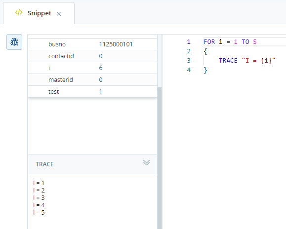 The Snippet editor window showing the TRACE output from the snippet code in the Trace section of the Run & Debug window.