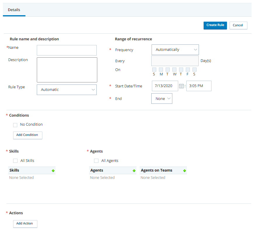 The Rule Creation page in WFI. Sections on this page include Rule name and description, Range of recurrence, Conditions, Skills, Agents, and Actions.