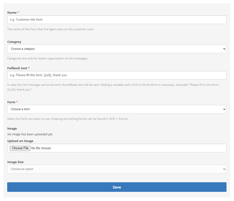 Fields to create a Form message,including Name, Category, Fallback text, and a drop-down to select the form.