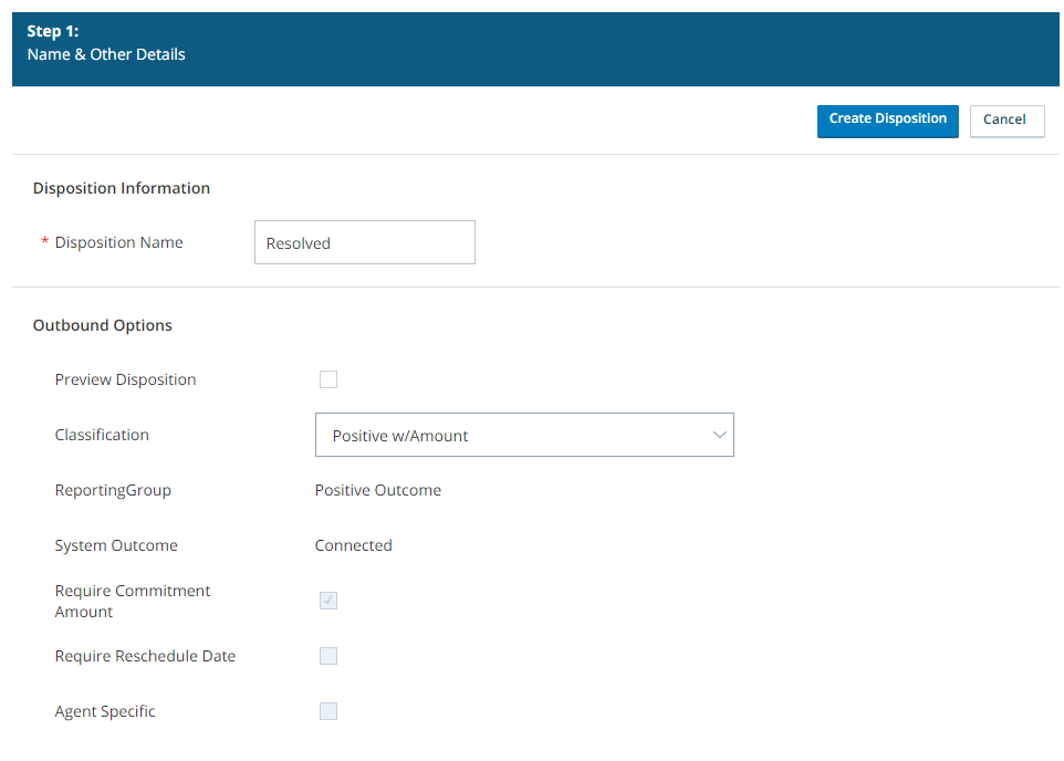 This image shows the first page of the Create Disposition wizard when CXone Mpower does include Personal Connection.