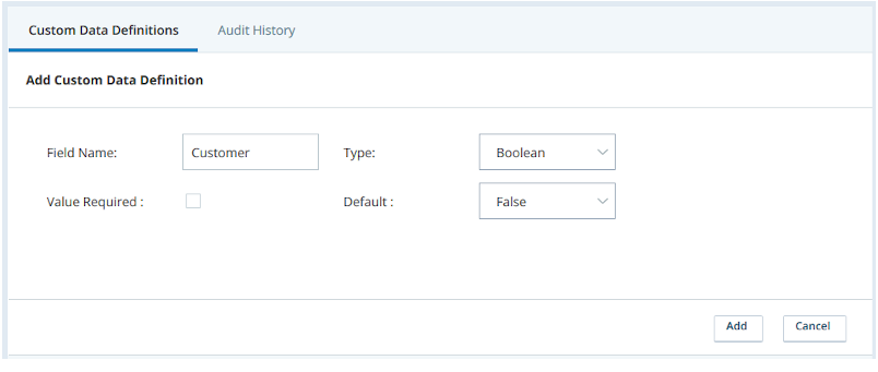 Screenshot of a boolean type custom field creation form