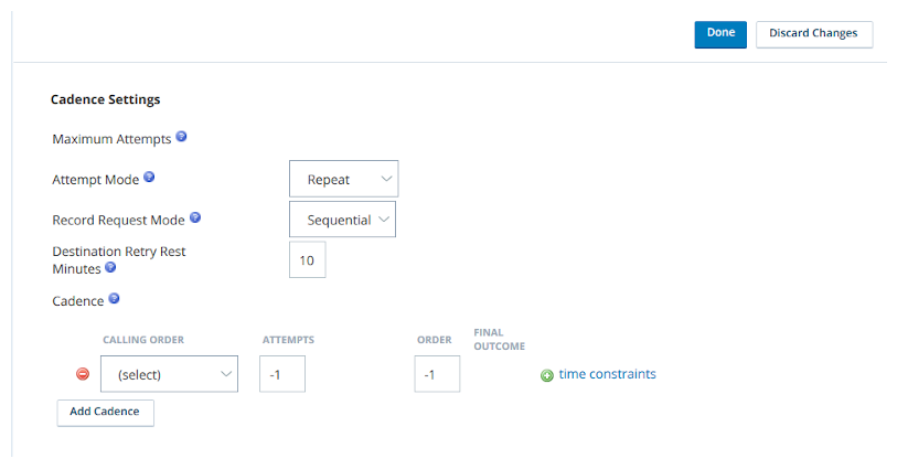 Screen capture of the CXone PC skill Cadence Settings with multiple phone numbers in the calling order