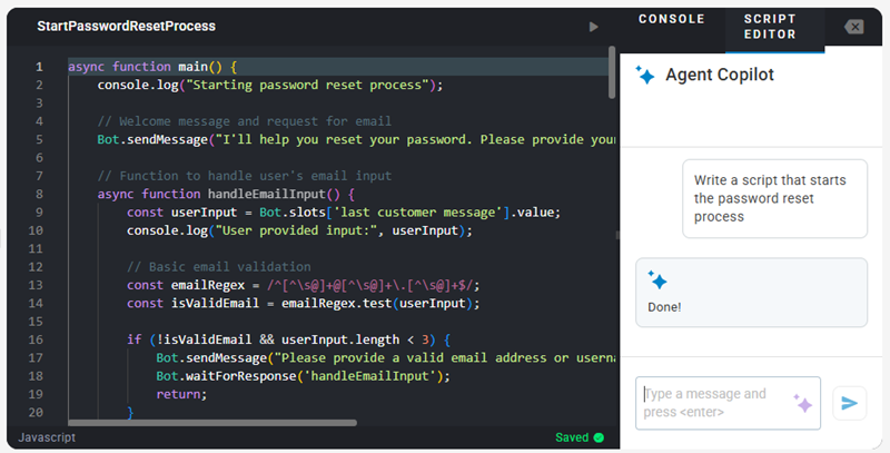 The Script Editor with the Agent Copilot panel displayed showing a request to generate a password reset script. The generated script is on the left.