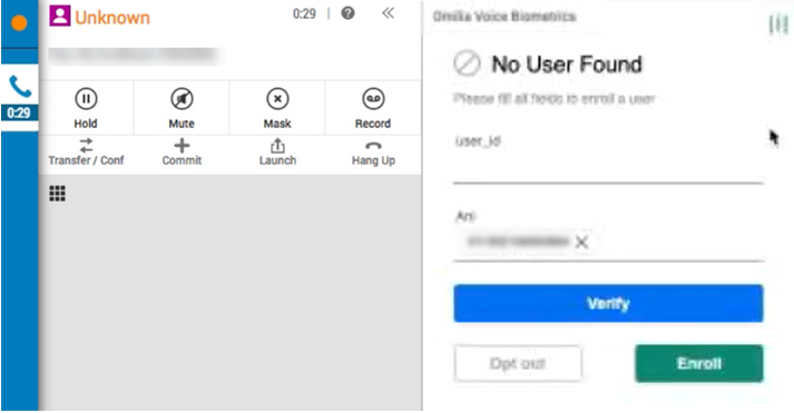 The agent assist panel displaying the enrollment form in MAX, with the Opt Out button on the bottom left, the Enroll button on the bottom right. 
