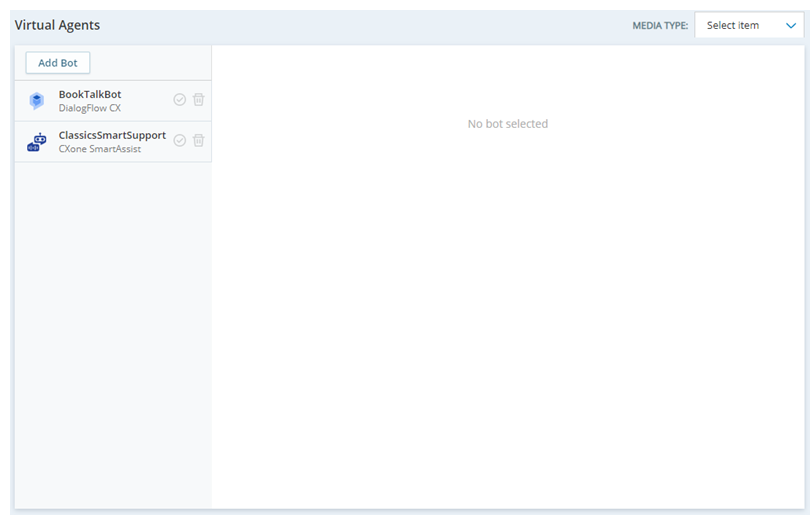 The Virtual Agent Hub main page has a list of current bots is on the left. Each has a delete icon and a checkmark icon to the right of the bot name. 