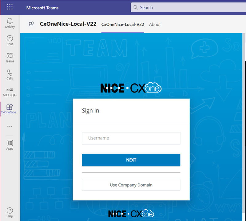 Agent for Microsoft Teams appears in the left navigation menu of Microsoft Teams. When clicked, it displays the CXone Mpower login page.