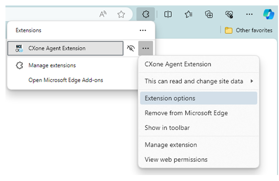 Options, the icon of three dots, next to Agent Browser Extension is clicked. Another pop-up lists the option for Show in toolbar.
