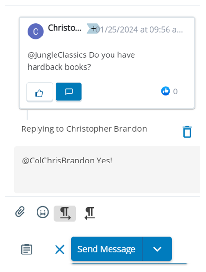 A contact's social platform comment. The Reply button is clicked. The contact's username is at mentioned in the text box.