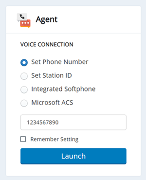 The login screen, showing these options: Set Phone Number, Set Station ID, and Integrated Softphone. Underneath, there is a Launch button.