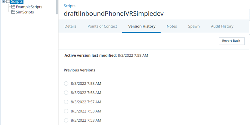 The Scripts page in CXone Mpower, showing the Version History tab of a script. 