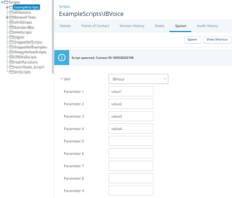 The Scripts page, showing the spawned script with four custom parameter values. 