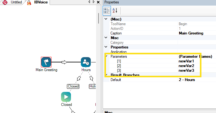 The properties of the BEGIN action, showing that three variables are configured in the Parameters property.