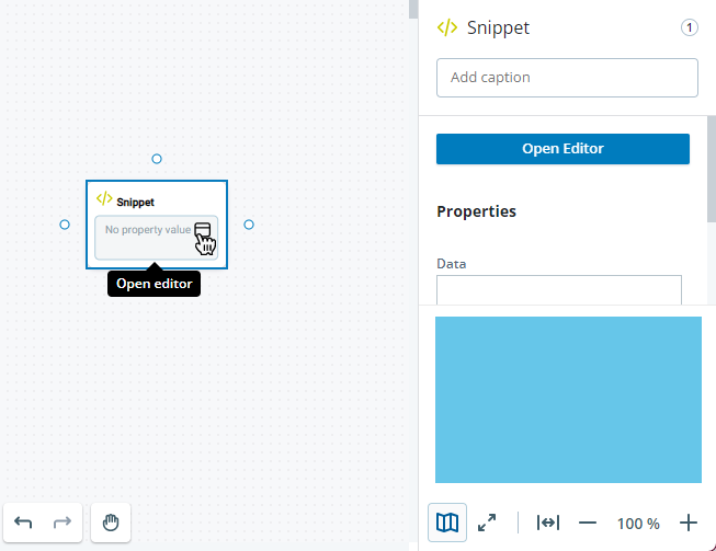 A script with a SNIPPET action, showing the cursor over the open editor icon and the action properties with the Open Editor button.