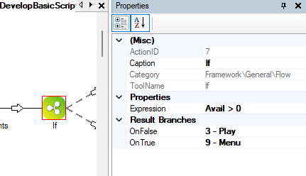 The Properties tab showing the IF action properties.