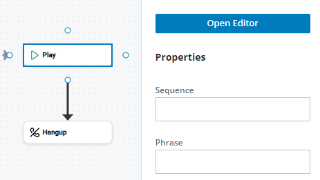 The Properties pane showing the PLAY action properties, including the Open Editor button at the top of the pane. 