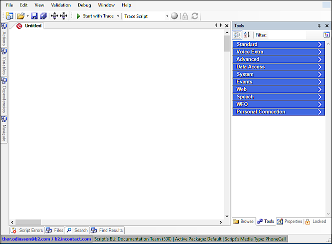 Image showing two groups of panels pinned to the bottom and left sides of the Studio UI.