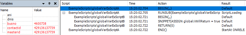 Step 1 in the trace. The script contains pre-defined variables for ANI, DNIS, busNO, contactID, and masterId. None are global. 