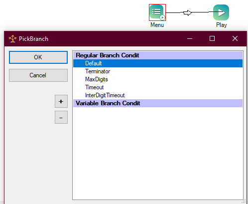 The Pick Branch window, where you can select the condition the script uses for the connection between two actions.