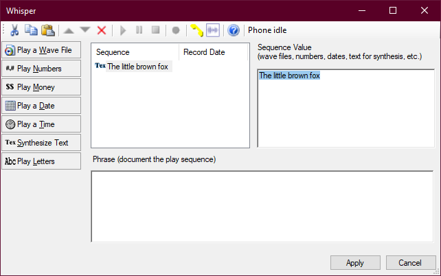 The Sequence Editor showing a Synthesize Text sequence with the default text that reads The little brown fox.