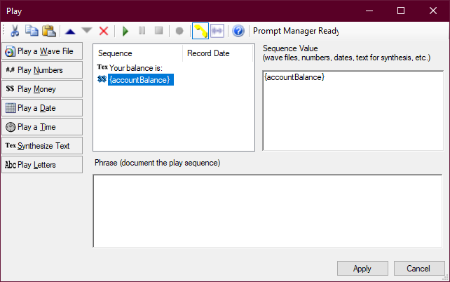 The Sequence Editor showing a variable in the Sequence Value field. The variable is formatted like other variables used in scripts, surrounded by curly braces. 