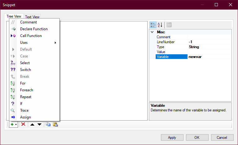 The Snippet properties window, showing the Tree View tab. The green plus-sign icon is pressed and the menu of Snippet commands is visible. 