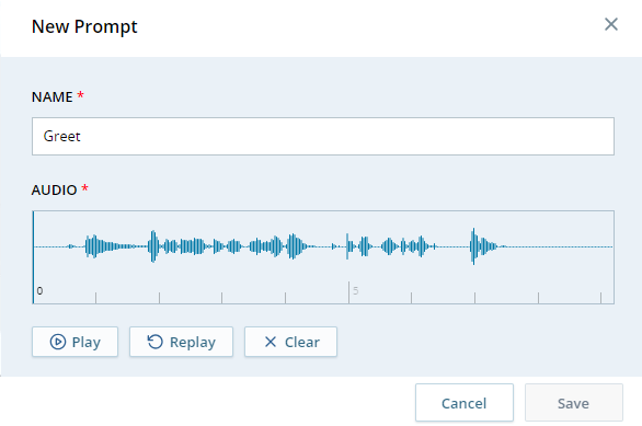 The New Prompt window, showing a wave pattern of the recorded prompt and options to play, clear the recording to try again, or save.