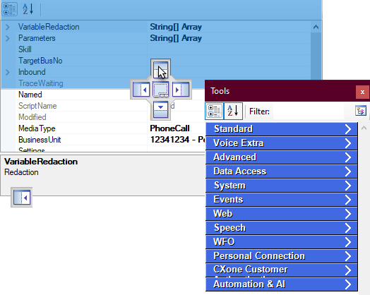 An example of dragging a tab to dock in a new space, showing the icons indicating all possible docking locations. 