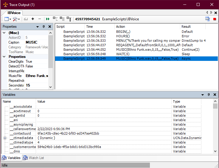 The Trace Output windowm, showing the output of a trace on an inbound voice script. 
