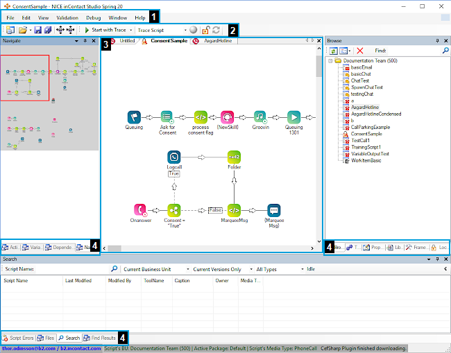 An example of the Studio user interface, highlighting the toolbar at the top, the menu bar beneath that, the canvas in the center, and the tabs one the sides and bottom.